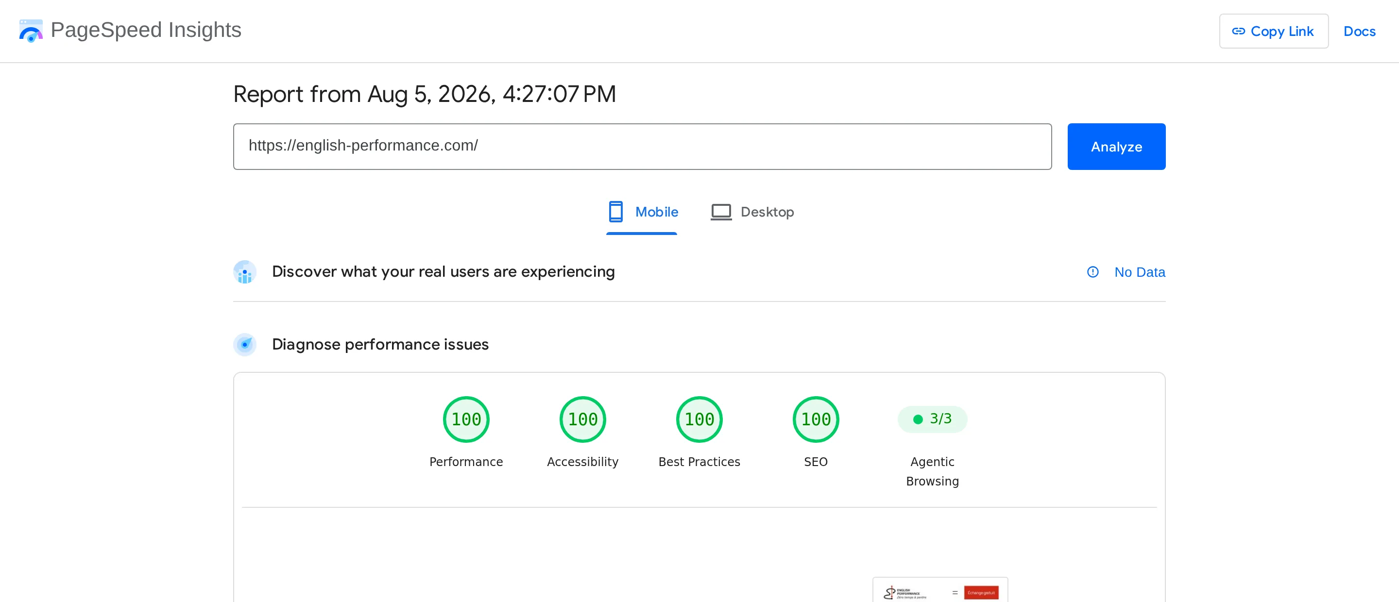 Google PageSpeed Insights report measured on 5 August 2026 for english-performance.com, on mobile: Performance 100, Accessibility 100, Best Practices 100, SEO 100, Agentic browsing 3 out of 3.