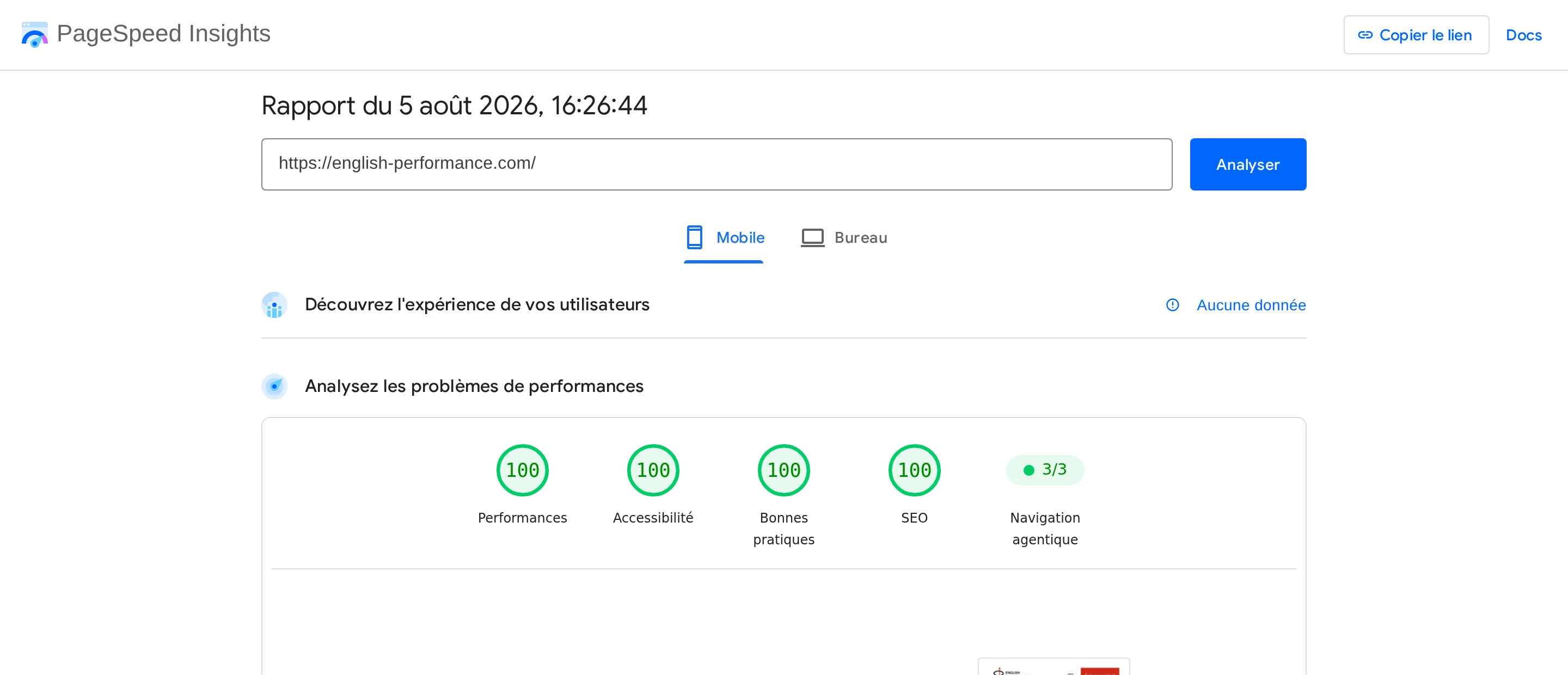 Rapport Google PageSpeed Insights du 5 août 2026 pour english-performance.com, sur mobile : performance 100, accessibilité 100, bonnes pratiques 100, SEO 100, navigation agentique 3 sur 3.
