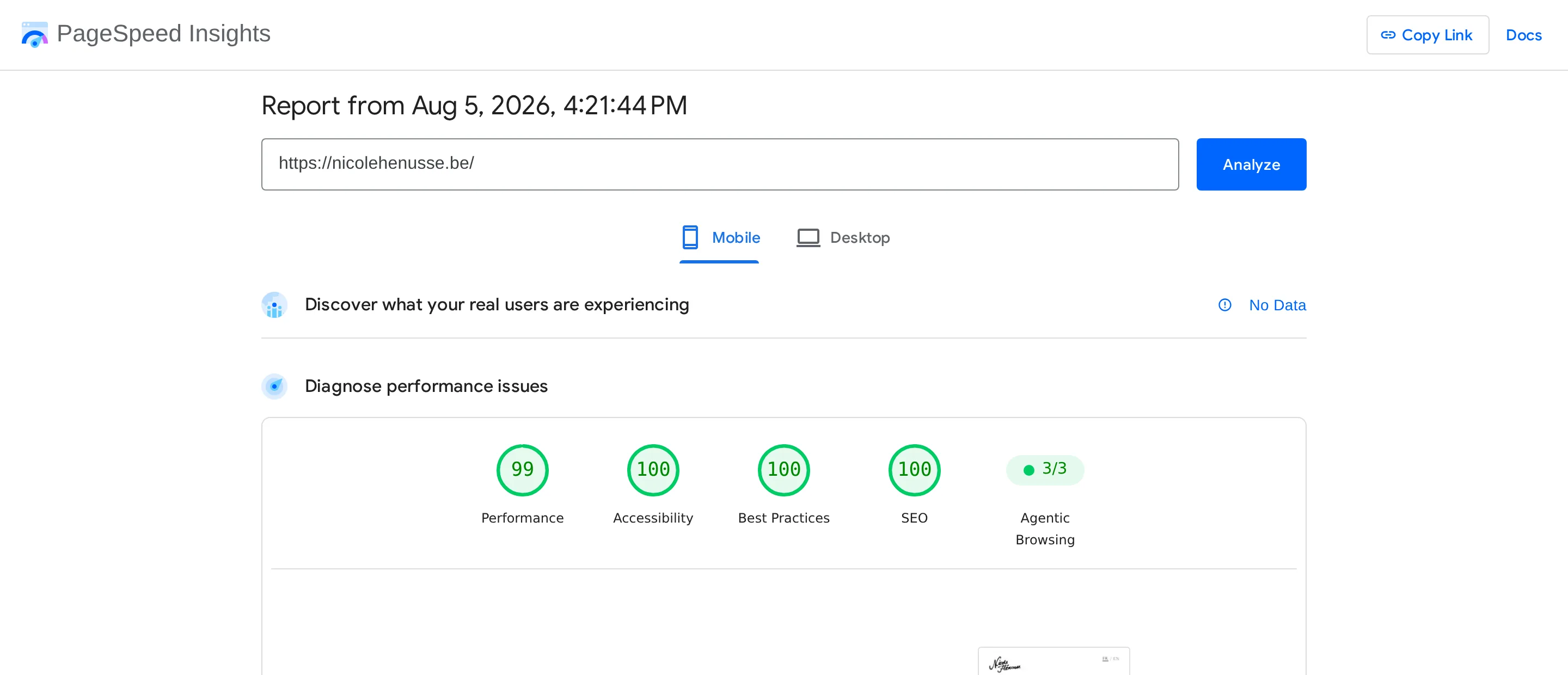 Google PageSpeed Insights report measured on 5 August 2026 for nicolehenusse.be, on mobile: Performance 99, Accessibility 100, Best Practices 100, SEO 100, Agentic browsing 3 out of 3.