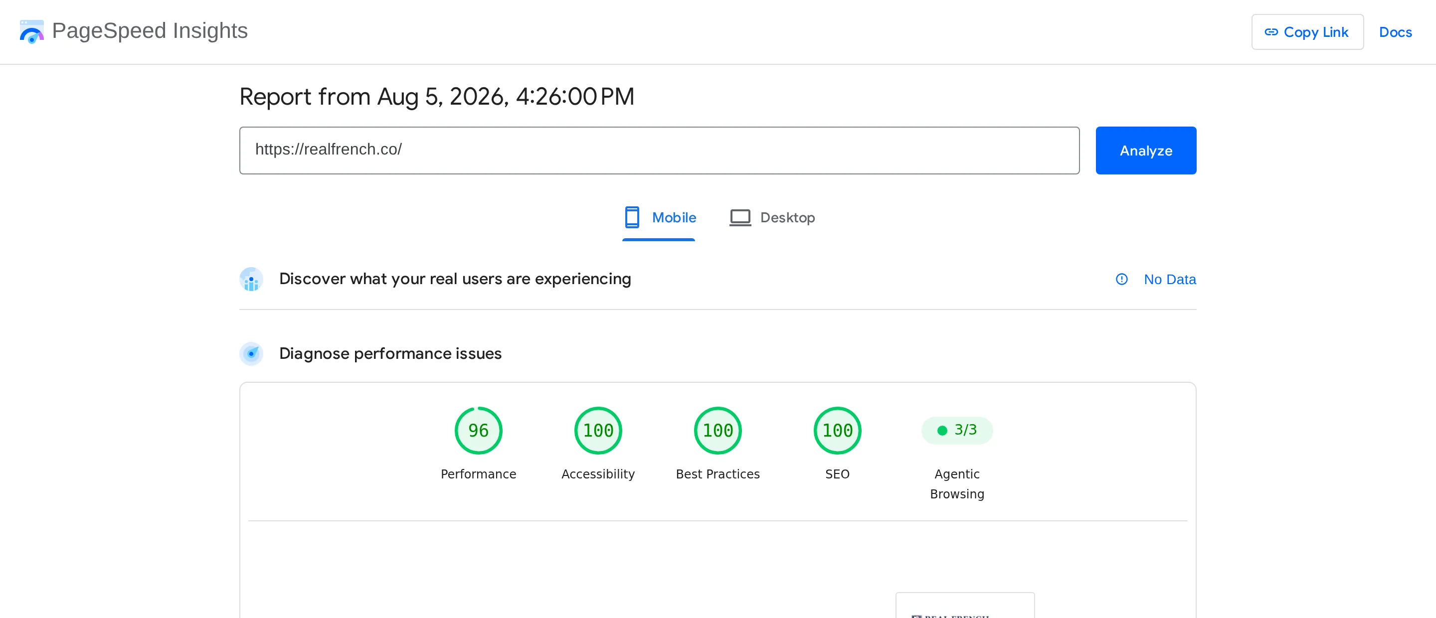 Google PageSpeed Insights report measured on 5 August 2026 for realfrench.co, on mobile: Performance 96, Accessibility 100, Best Practices 100, SEO 100, Agentic browsing 3 out of 3.