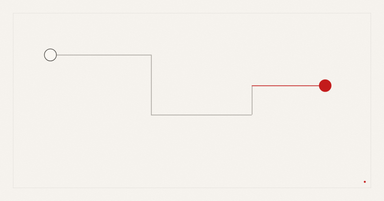 This abstract illustration shows a right-angled path with a red trajectory on an ivory background.