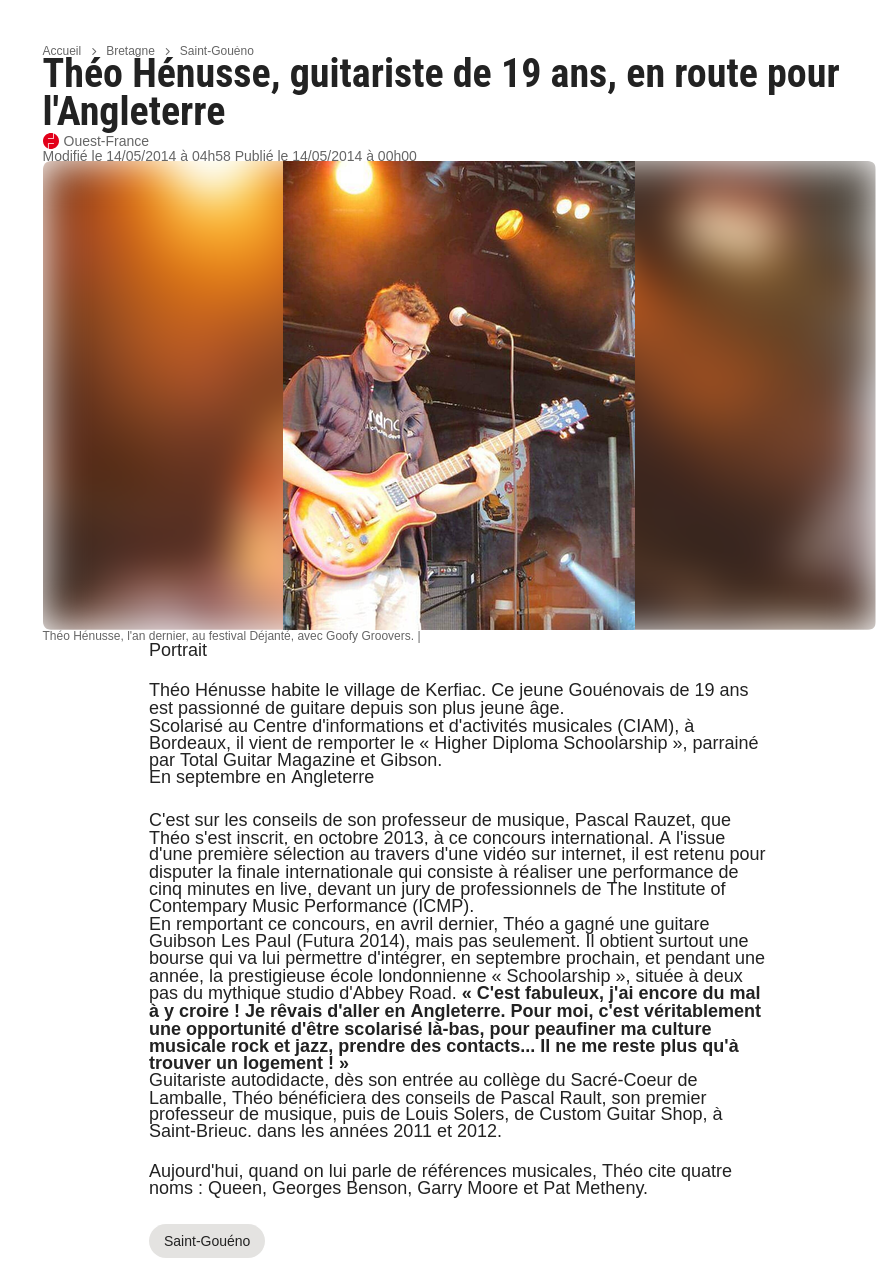 Ouest-France article of 14 May 2014: Théo Hénusse, 19-year-old guitarist, on his way to England.