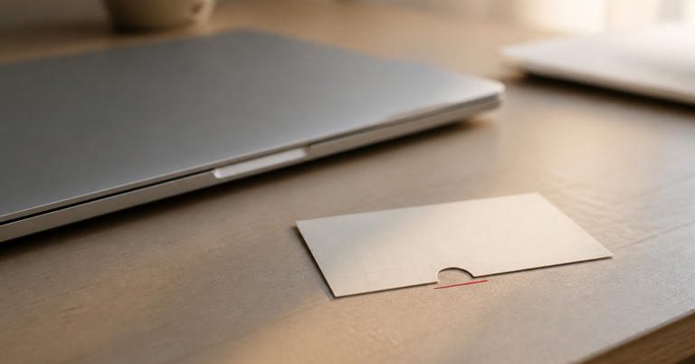 Carte crème avec une encoche arrondie soulignée de rouge, posée sur un bureau près d’un ordinateur portable fermé.