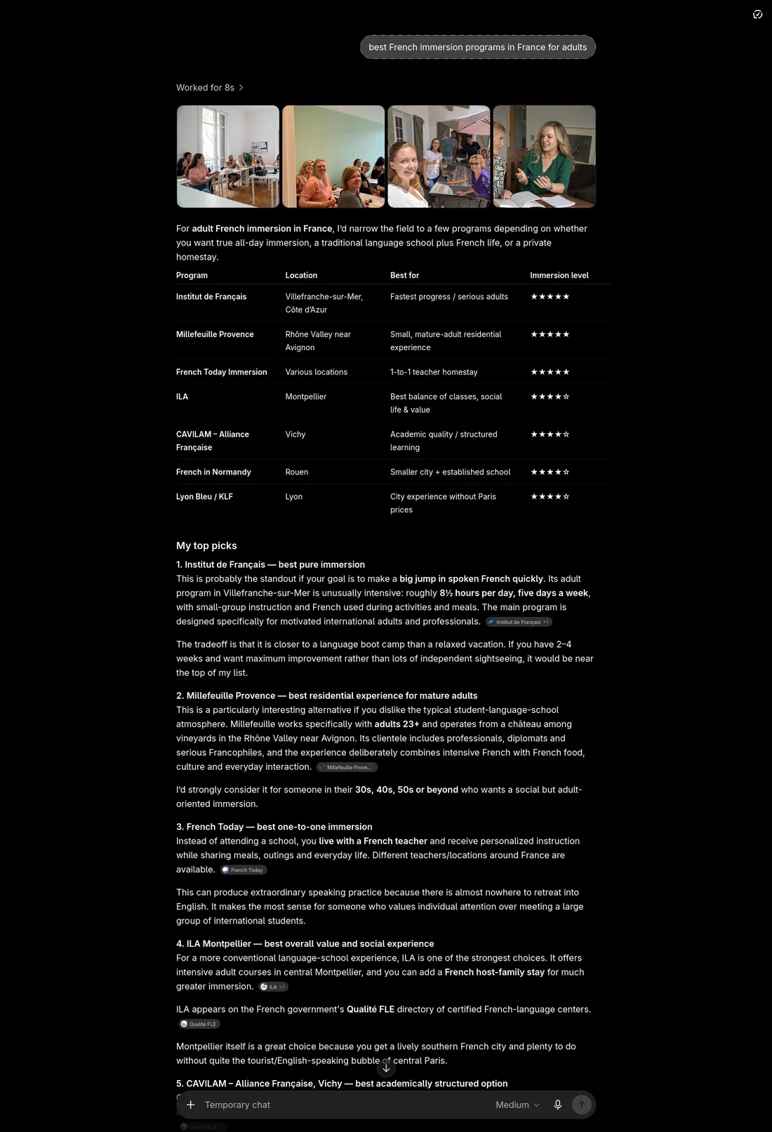 Réponse de l’application ChatGPT à la question 1, en chat éphémère et effort Medium : un tableau de programmes d’immersion avec pastilles de sources, sans Real French.