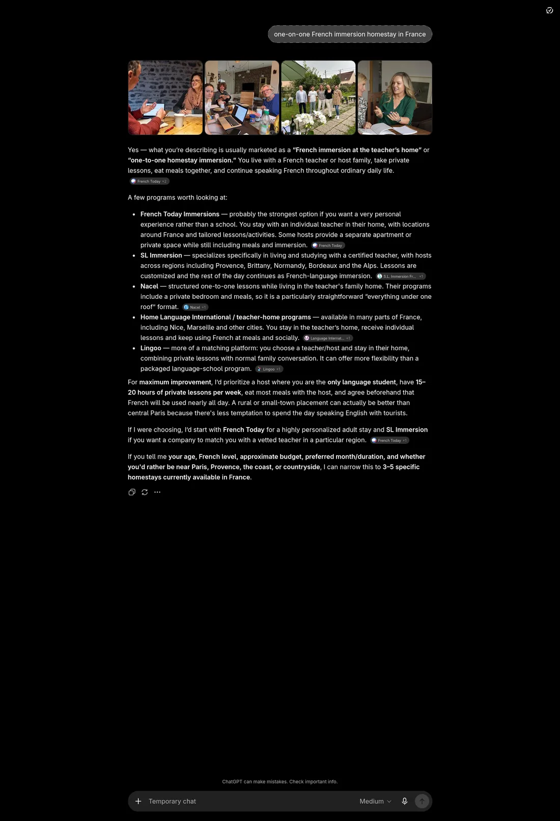 Réponse de l’application ChatGPT à la question 2 sur l’immersion en tête-à-tête chez le professeur, avec sources citées, sans Real French.