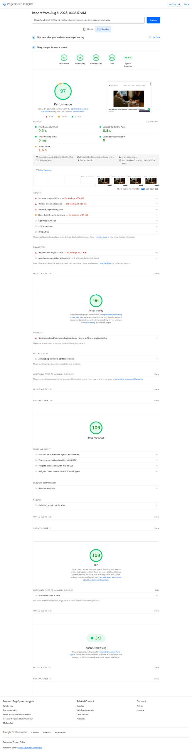 Le rapport PageSpeed sur ordinateur de l’article de Real French affiche une performance de 97 sur 100.