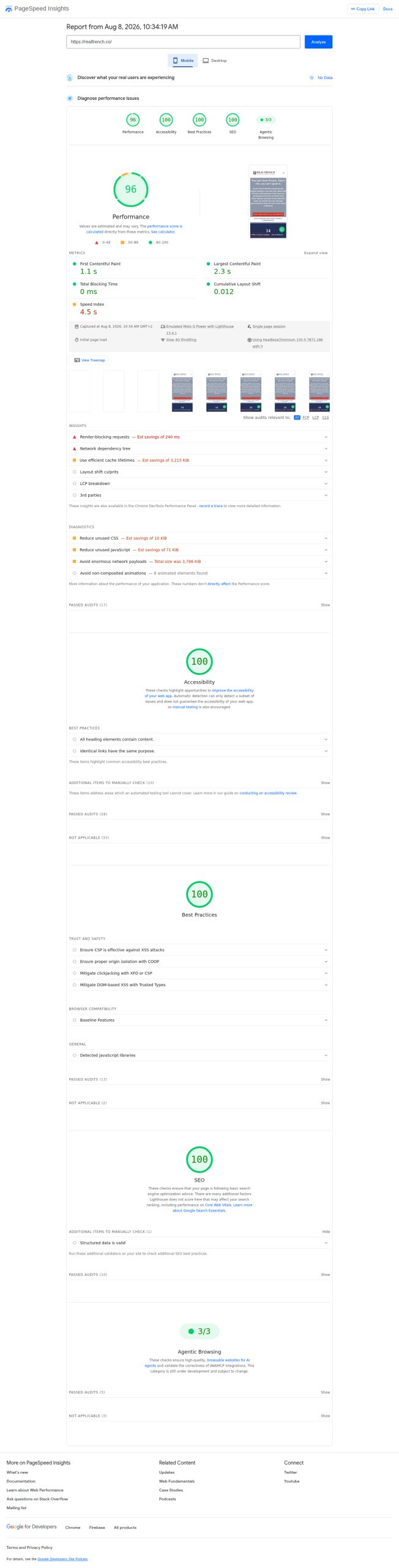 Le rapport PageSpeed mobile de la page d’accueil de Real French affiche une performance de 96 sur 100.
