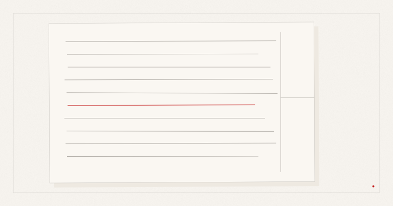 This abstract illustration shows an ivory card with gray lines that are crossed by a red line.