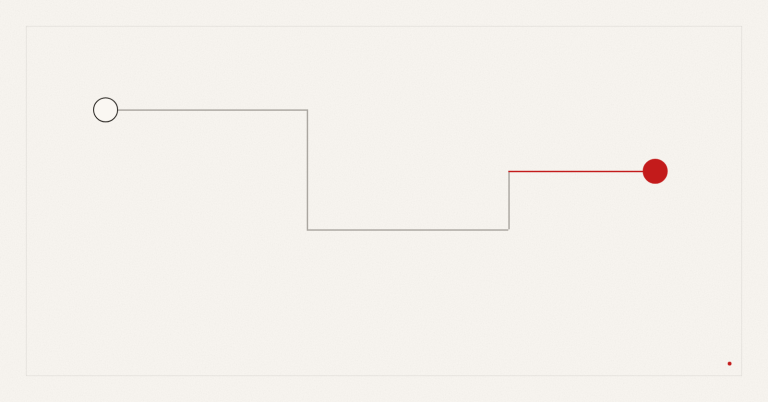 This abstract illustration shows a path with right angles and a red trajectory on an ivory background.
