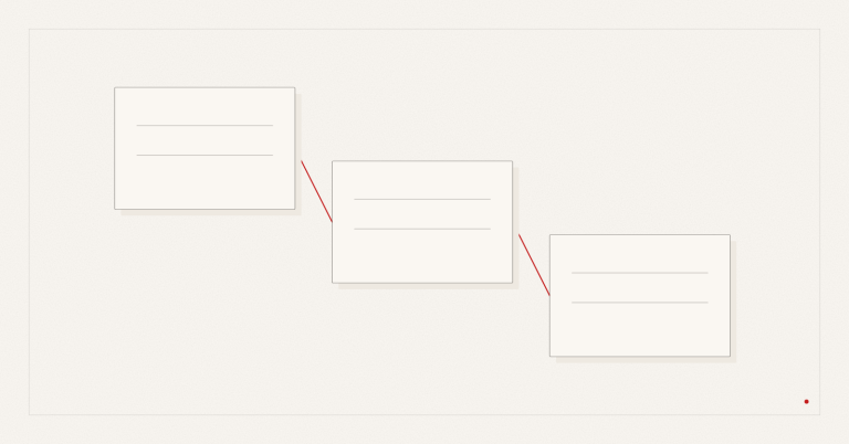 This abstract illustration shows offset frames that are connected by a fine red line on the ivory background.