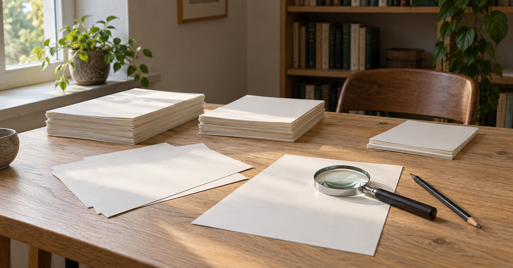 Three stacks of blank paper on a wooden table, with loose sheets, a magnifying glass and a pencil.
