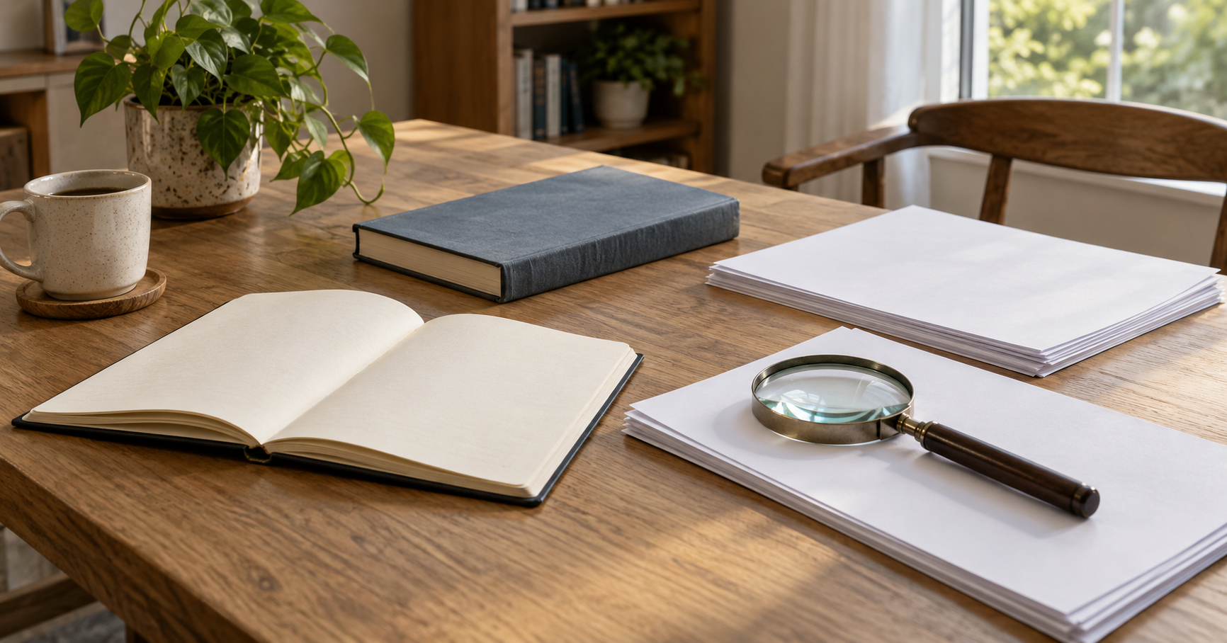 Magnifying glass on white sheets, open notebook, grey book, mug and plant on a wooden table.