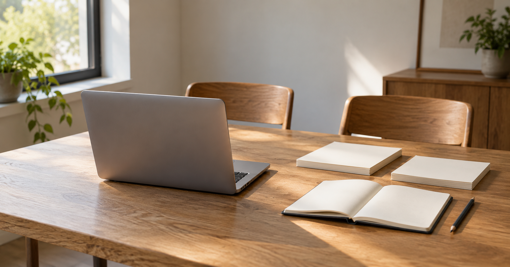 Open laptop, notebook, pencil and stacks of blank paper on a wooden table beside a window.