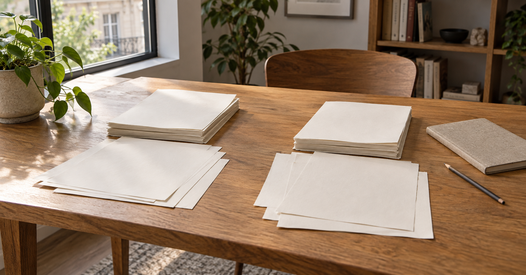 Two stacks of paper and loose sheets on a wooden table beside a beige notebook and a pencil.