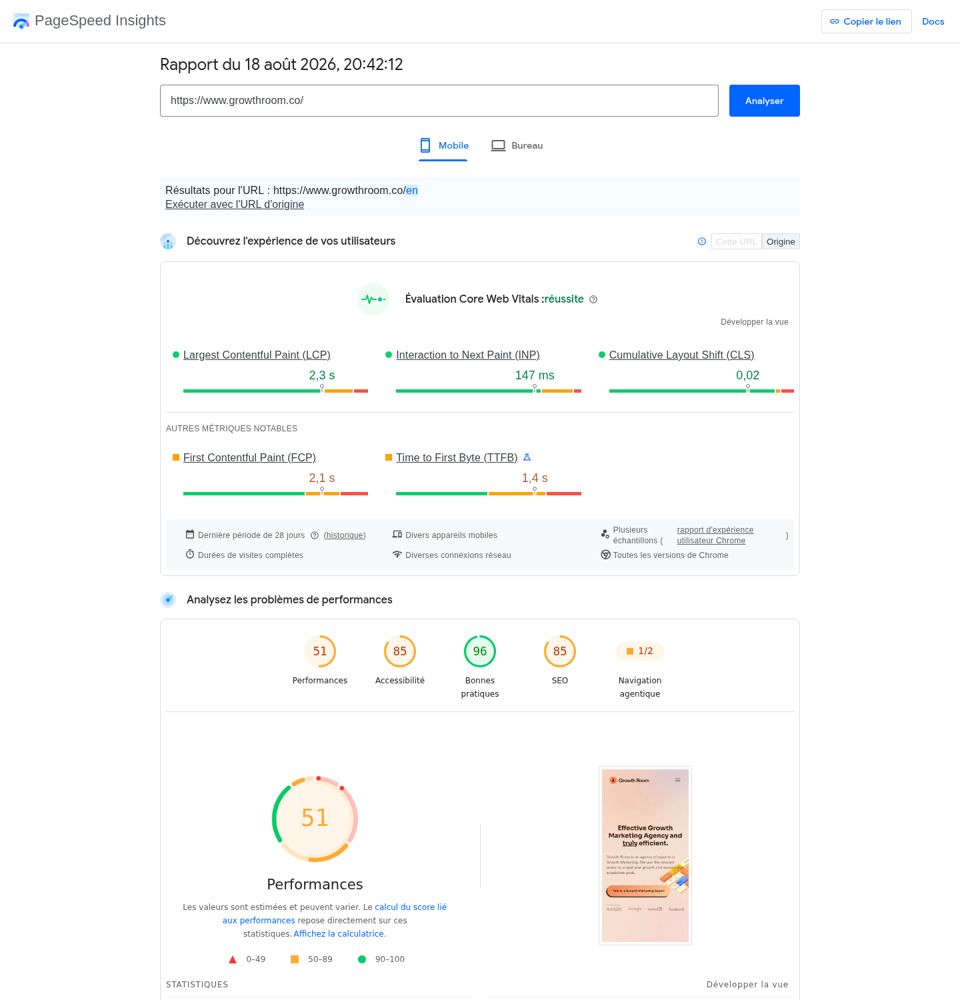 PageSpeed Insights capture of 2026-08-18 for Growth Room